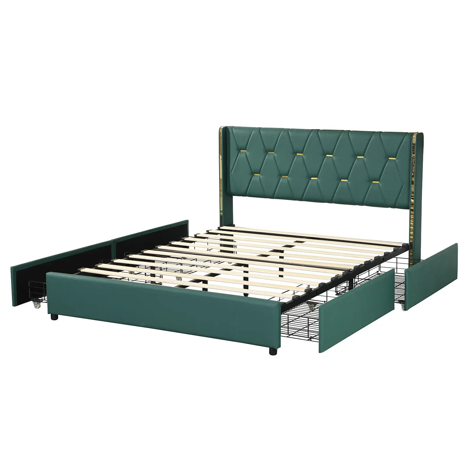 Costway Full Upholstered Bed Frame with 4 Storage Drawers PU Leather Headboard Green