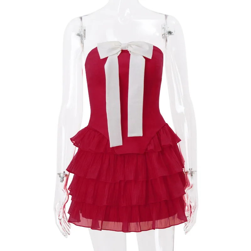 y2k Two Piece Sets Club Outfits for Women Ruffle Red Top and Skirt Matching Sets New Elegant Bow Detail Sexy Strapless