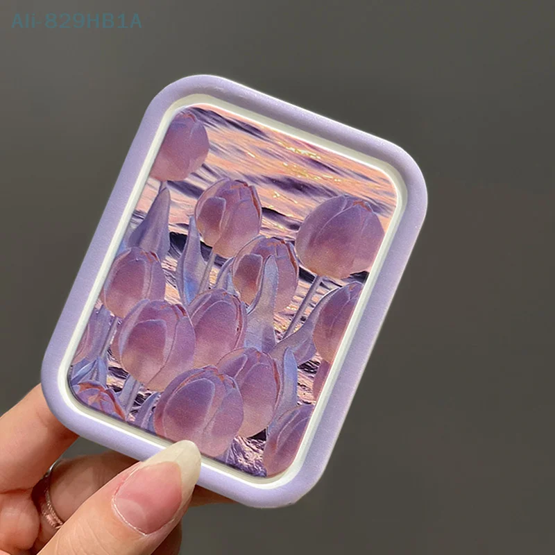 Miroir de maquillage pliable portable pour femmes, peinture à l'huile, fleurs, rectangle, cosmétique, outils de poche