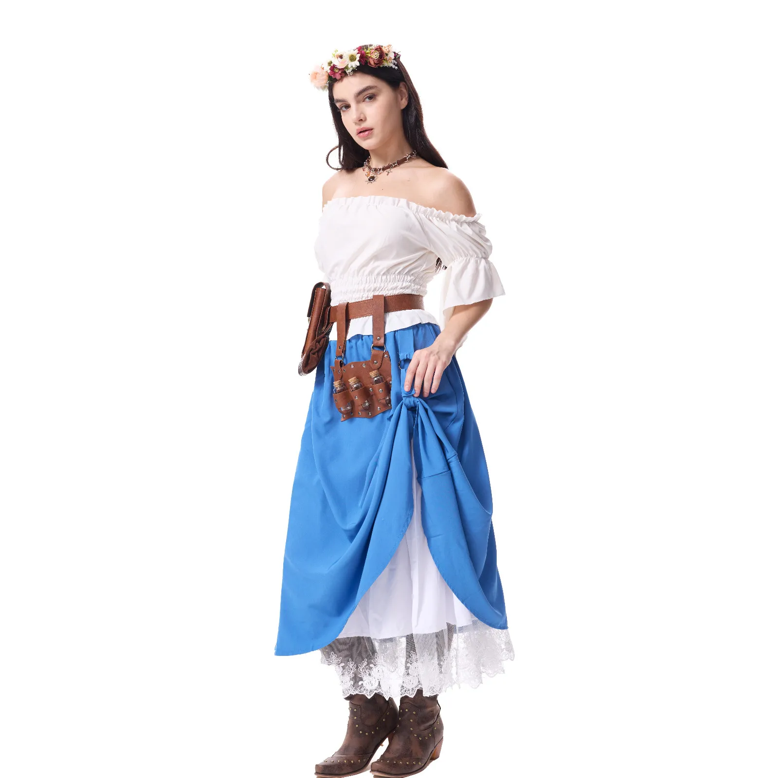 

Women'S Medieval Costume Off-The-Shoulder Waisted Bell Sleeve Top Ruffled Skirt Role Playing Wreath Necklace Prop Set