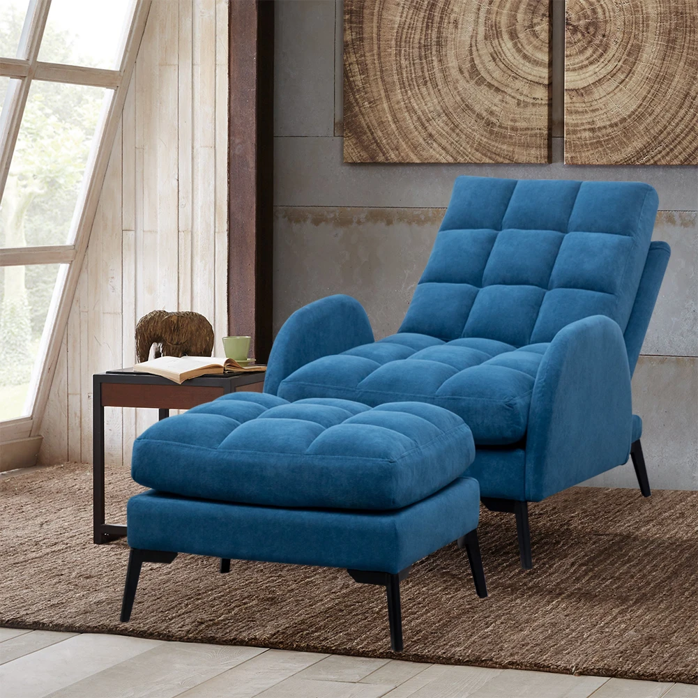 Blue Frosted Velvet Recliner Armchair with Thickened Footstool Living Room Furniture Lounge Chair Sofa