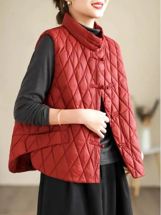 

Retro Ethnic Sle Button down Quilted Cotton Vest Women's Outerwear Warm Versatile Faionable 2025 Autumn Winter New Arrival