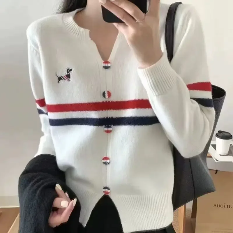 Puppy Embroidery Vintage V Neck Striped Preppy Style Sweater Women Golf Wear Shirts Autumn Knitted Sweater Tennis Tops Clothing