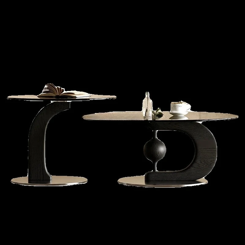 

Italian solid wood coffee table combination size round living room household stainless steel metal art coffee table