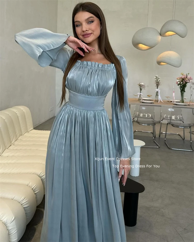 Xijun Blue Elegant Slik Chiffon Evening Dresses Long Cape Sleeves Formal Prom Dresses Mermaid Event Square Collar Prom Gowns