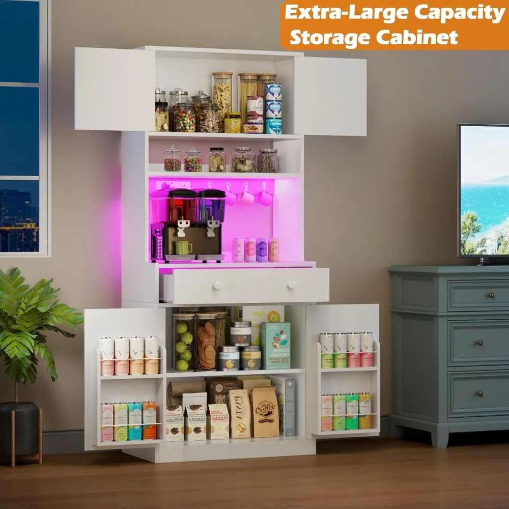 Pantrykast met stopcontact LED-licht, 71 keukenopbergkast met 4 deuren, kast met magnetronstandaard, kast met D