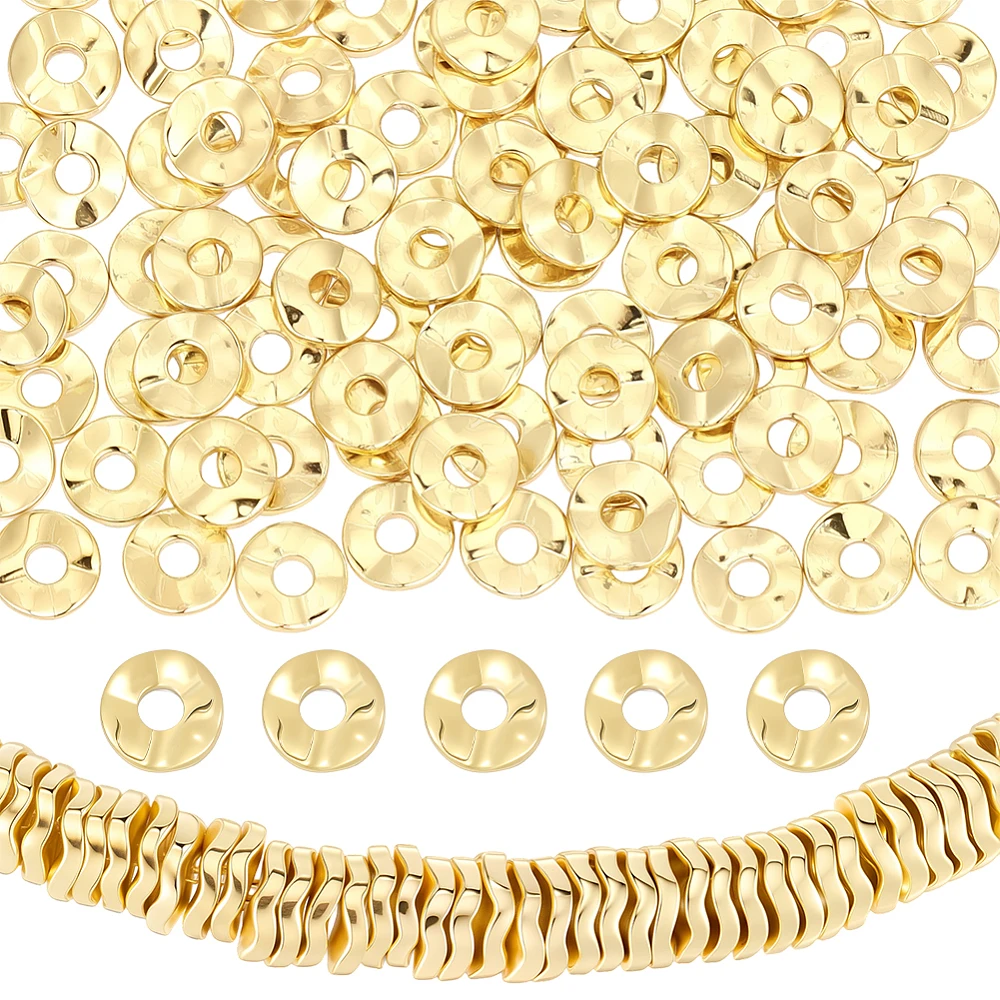 1 Box 90Pcs Gold Flat Heishi Beads Round Disc Beads Small 4mm Wavy Disc Real 18K Gold Plated Brass Flat Round Loose Smooth