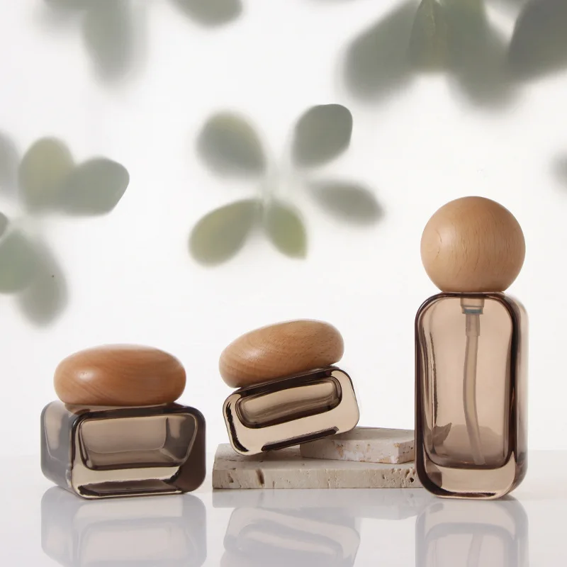 6 Stück Pumpflaschen für Lotion aus Glas mit Holzdeckel, DIY-Behälter für ätherische Öle, Creme-Lotion-Tiegel, nachfüllbare Reise-Pressflasche – Detail 3