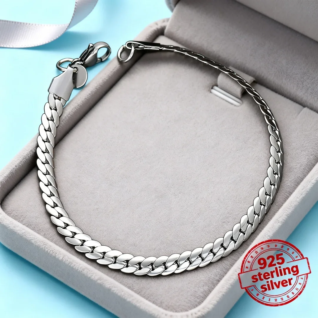Charms 925 Sterling Silver 18K Gold Color Bracelet 5mm /20cm Flat Side Chain for Woman Man Wedding Engagement Jewelry
