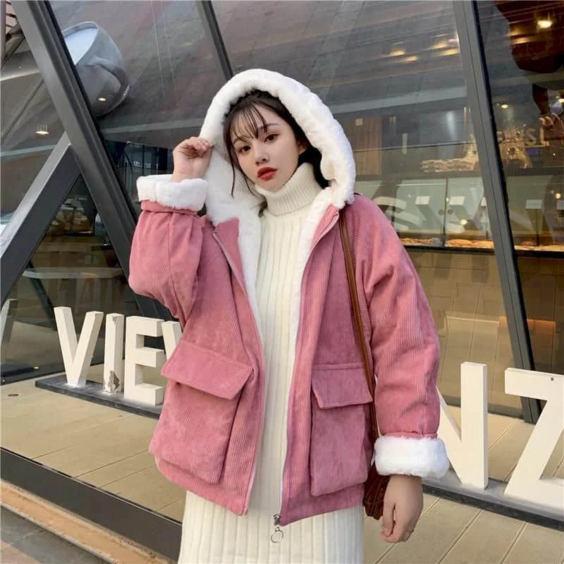 2023 New Cotton Plus Velvet Loose Hooded Corduroy Long-sleeve Coats Thicken Jackets Female Student Autumn Winter Korean Overcoat