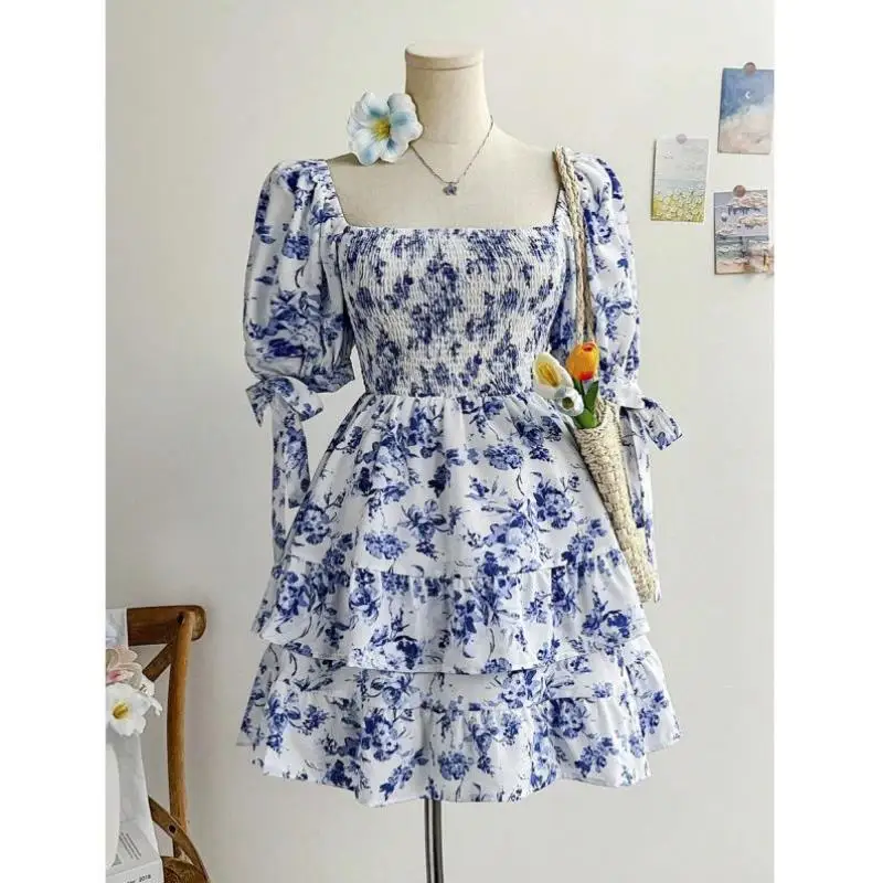 

F 64000 New Cross-Border Holiday Sle Square Collar Printed Bubble Sve Gored Casual Sports Suit for Men