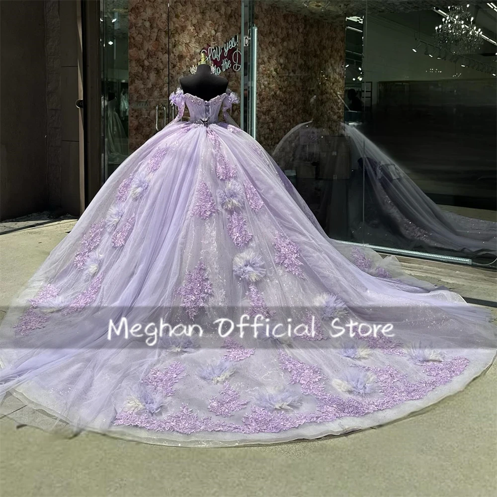 Purple Off The Shoulder 3D Flowers Quinceanera Dresses Ball Gown Beaded Appliques Birthday Party Dresses With Sleeves Customized