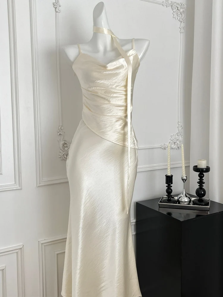 Vestido de cumpleaños de satén de seda Dr Strapl para mujer Verano Ele Sexy Rich Girl Par Dr French Sle Asimétrico...