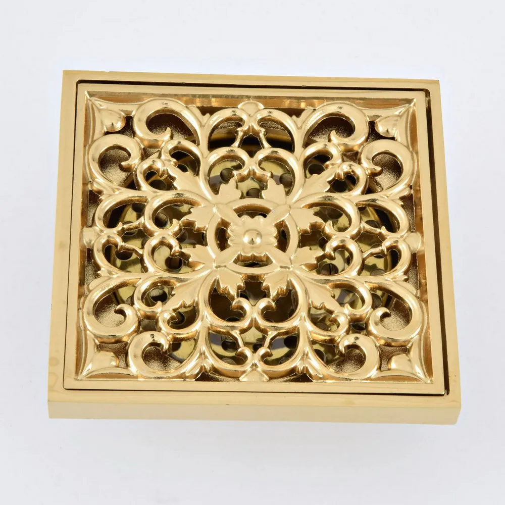 

10*10cm Golden Finish Brass Square Floor Drain Anti-odor Shower Bush Waste Water With Hair Strainer Floor Cover zhr093