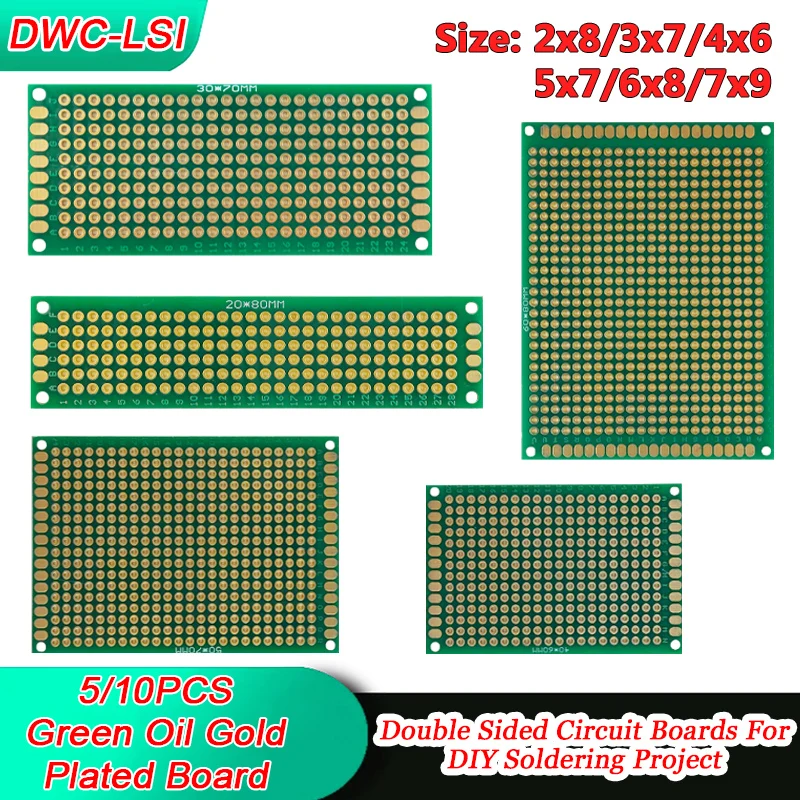 Green Solder Mask Gold Plated Double-sided Universal Breadboard PCB 2X8 3X7 46 5X7 6X8 7X9
