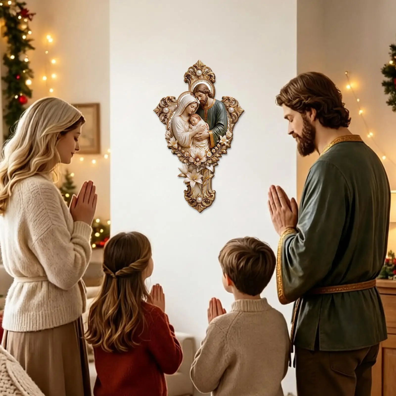 Cross Wall Decor 11.8 Inch Christian Holy Family With Metal Hook Wooden Wall Crosses For Bedroom Corridor Prayer Room Baptism