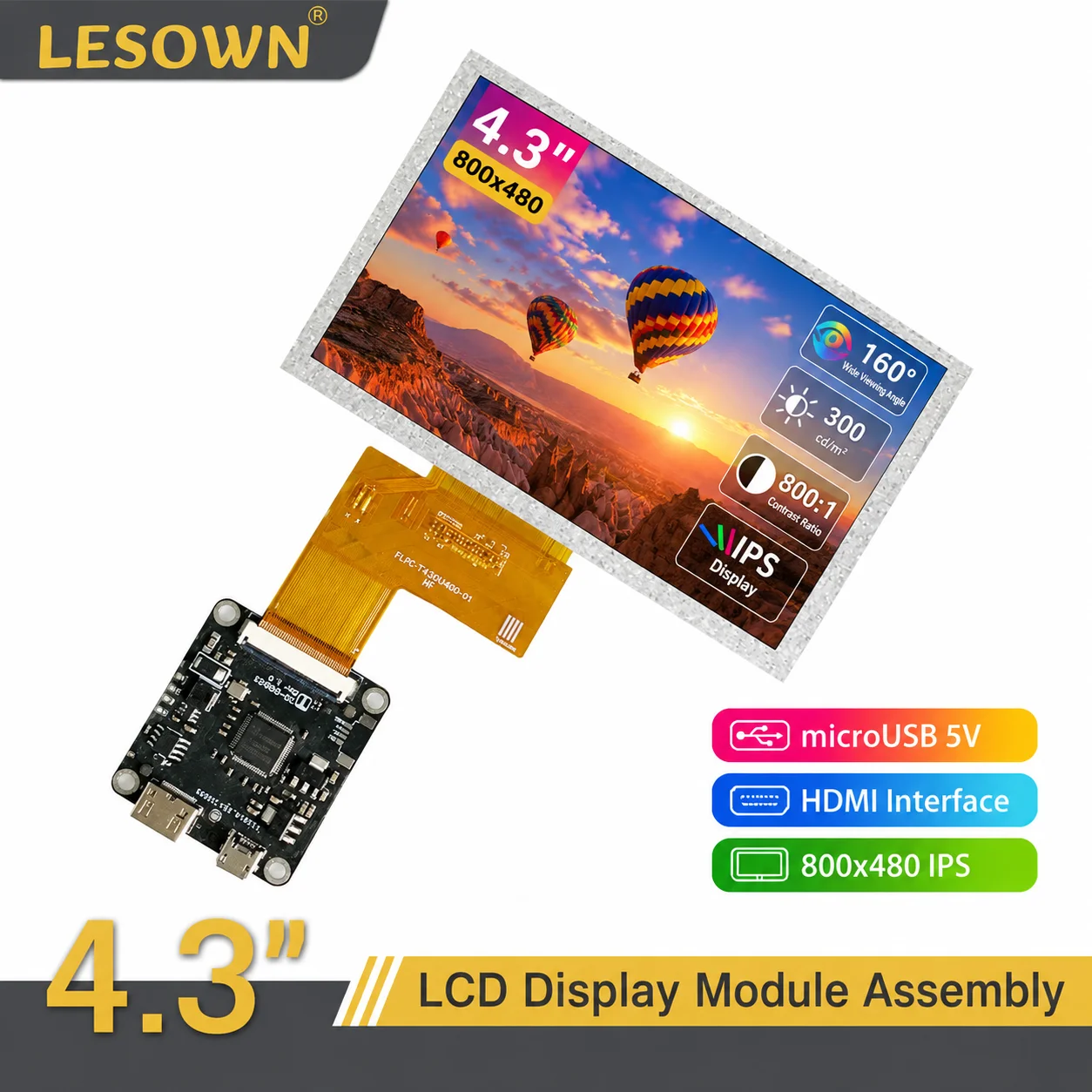 LESOWN 4.3" 800x480 Display Setup Plug & Play 800:1 Contrast Monitor Panel for Hardware Stats