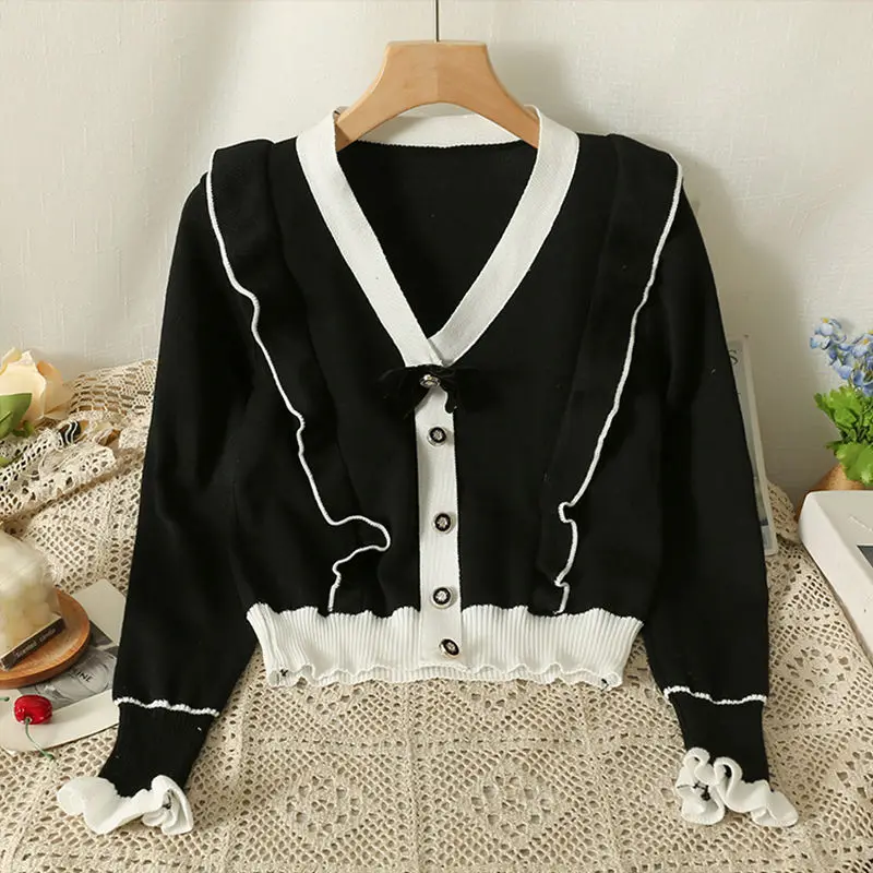 Bow V Neck Ruffles Patchwork Cardigan Autumn Winter New Long Sleeve Contrast Elegant Sweaters Tops Fashion Korean Women Clothing