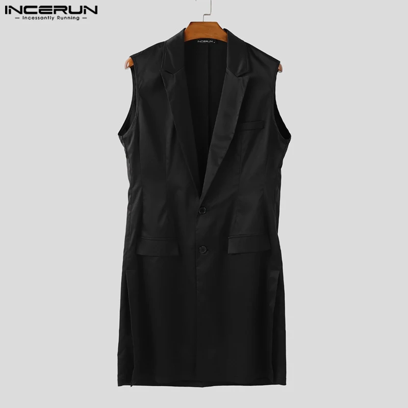 

INCERUN мужские пиджаки, однотонные жилеты без рукавов с лацканами и пуговицами, повседневные длинные стильные жилеты, мужская уличная одежда, модные мужские жилеты 2025 г.