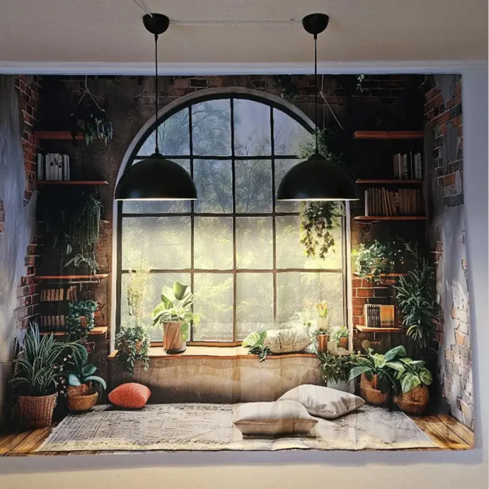 Window Scenery and Potted Plants Polyester Tapestry For Living Room Wall Hanging Indoor Home Decor Free Installation Package
