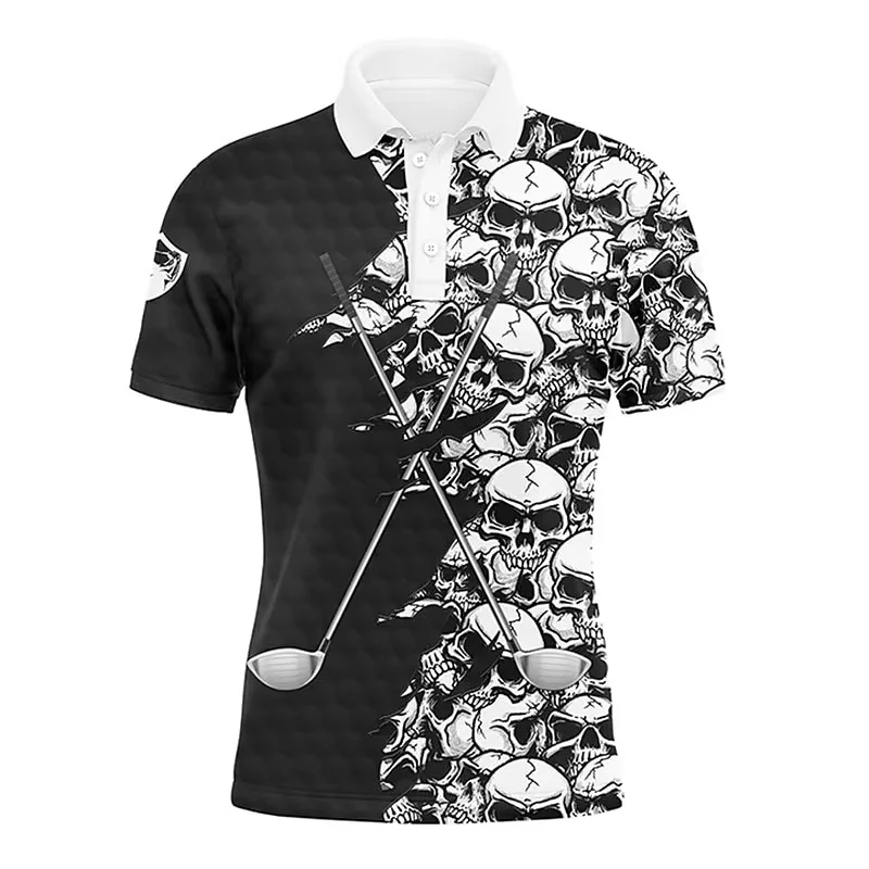 Koszulka polo z nadrukiem 3D dla mężczyzn Cool Skull Pattern T-Shirts Summer Street Casual Short Sleeve Loose Tops Lapel Tees