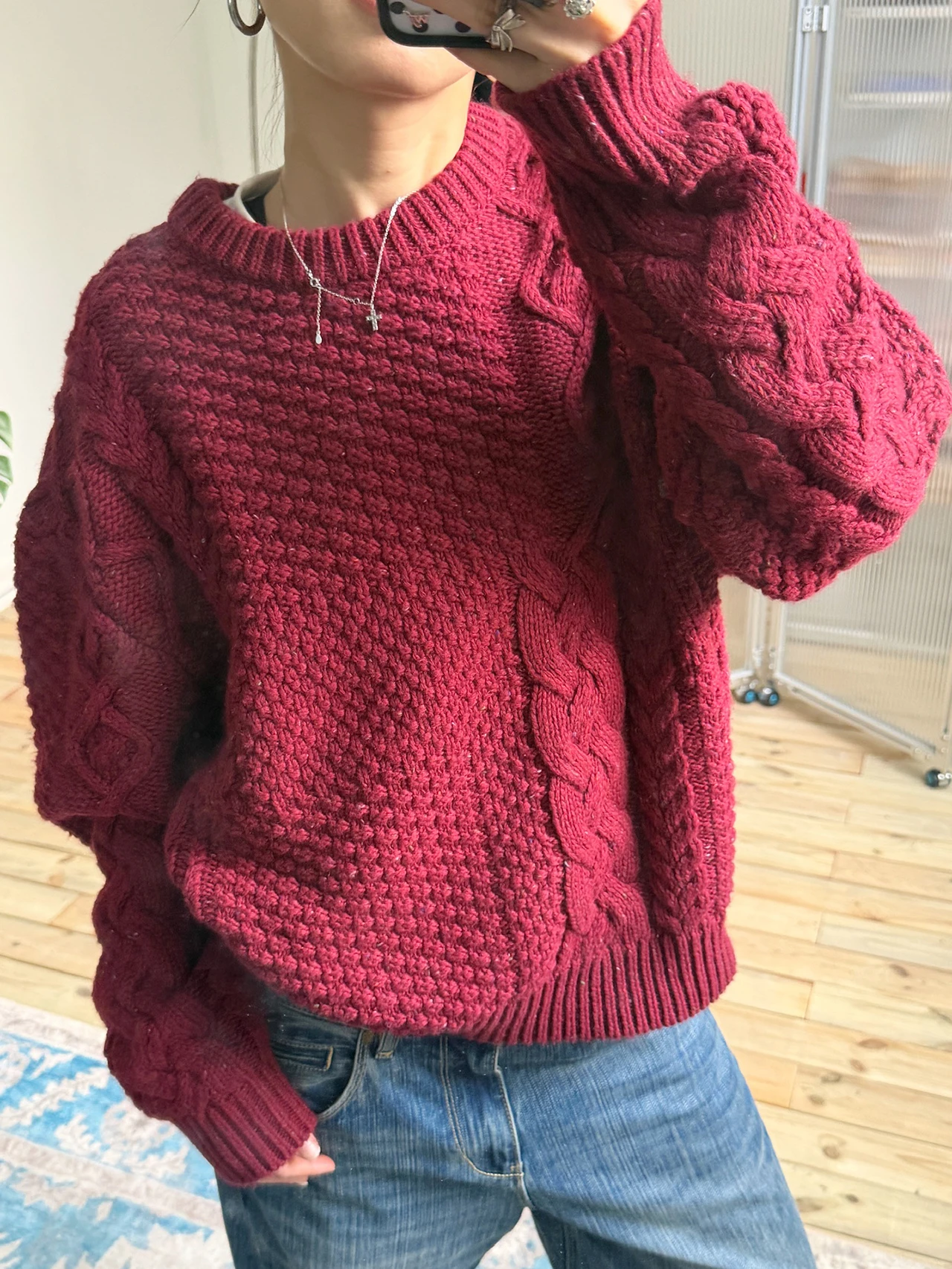 

MMBBT Оригинальный вязаный пуловер в стиле ретро с длинными рукавами и круглым вырезом, женский свободный повседневный зимний топ, удобный, дышащий