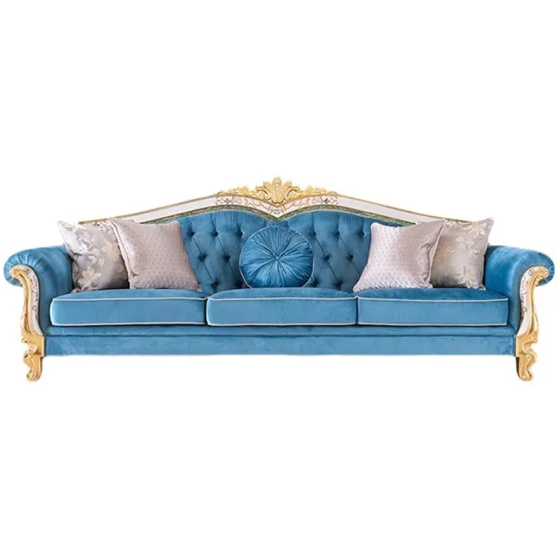 gj-French Style Shell Pattern Luxury Three-seater Sofa Coffee Table Combination Custom Solid Wood Hand Drawn Fabric Living Room#