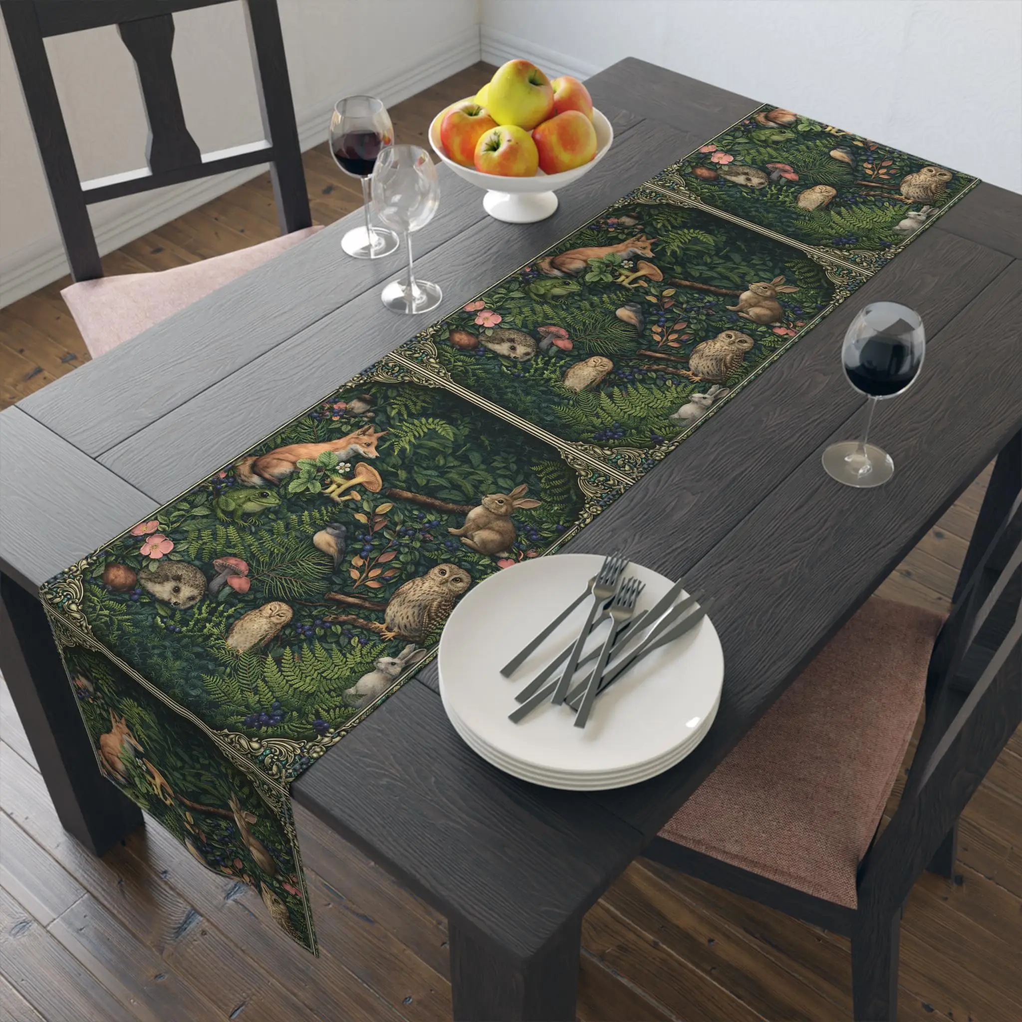 Woodland Animals Table Runner, Fox Rabbit Squirrel Mushroom Forest Country Kitchen Dining Room Table Scarf Holiday Party Decor