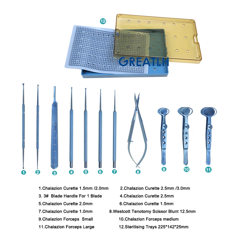 Imagem -02 - Liga de Titânio e Chalazion Cureta Conjunto com Blade Handle Instrumento Cirúrgico Oftálmico Esterilização Box Aço Inoxidável