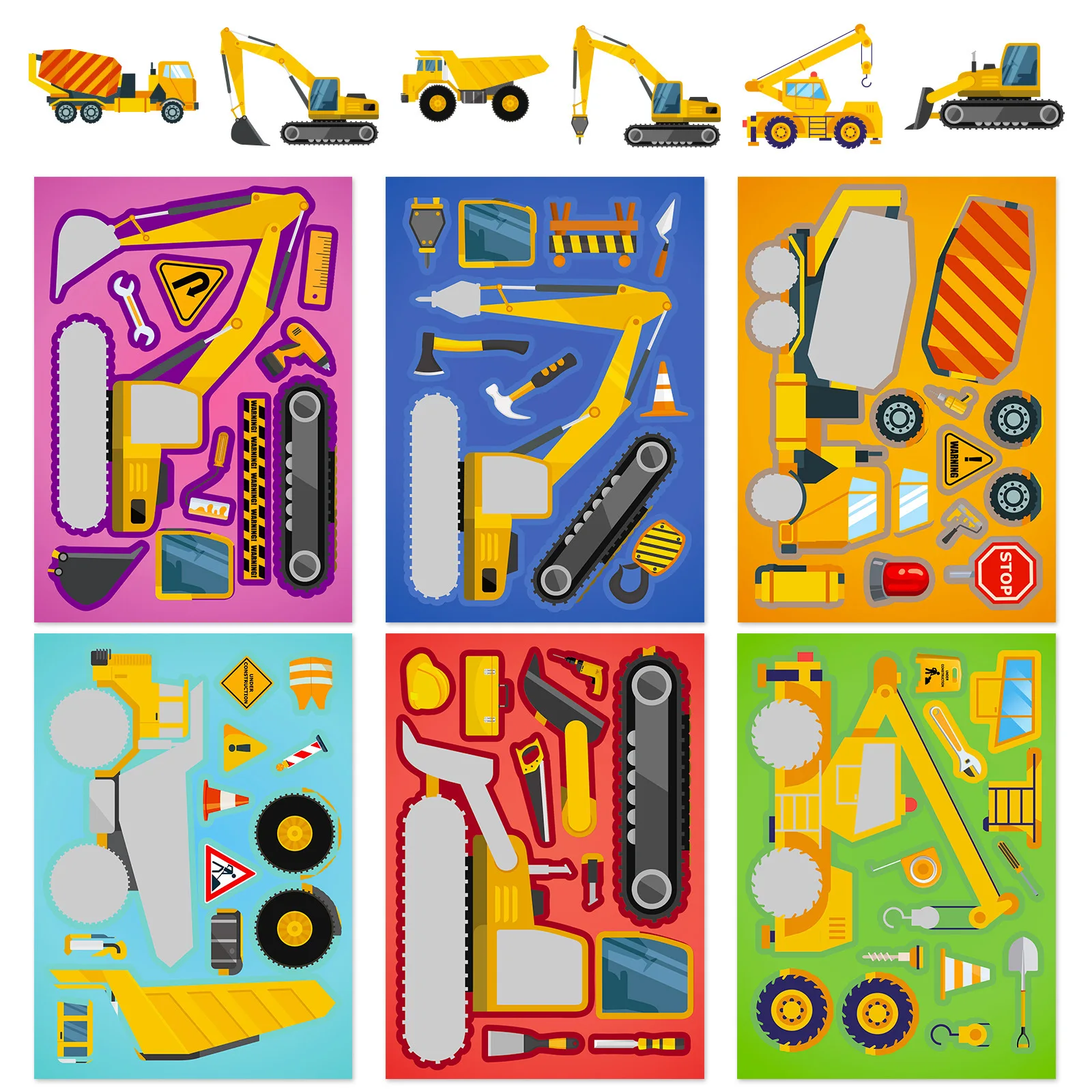 6Sheets Children DIY Puzzle Sticker Games 6 Engineering Truck Make A Face Funny Assemble Jigsaw Stickers Kids Educational Toys