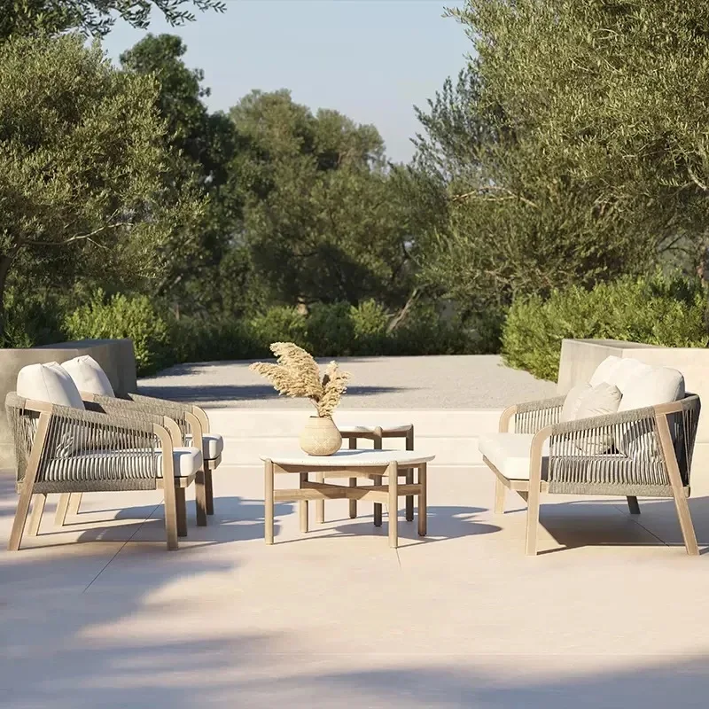 Custom California Modern Outdoor Garden Sofa Teak Wicker Warm Walnut Wood Veneer Hotels Apartments Villas