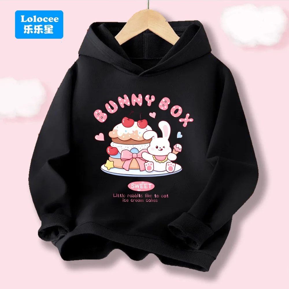 Dünner Kapuzenpullover für Mädchen, Frühling und Herbst, für kleine Mädchen, Hase und Kuchen, Cartoon-Druck, Oberteile, süßes Kinder-Kapuzenpullover DG1