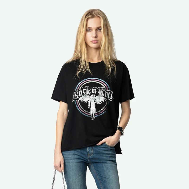 

Новая летняя женская футболка с круглым вырезом и коротким рукавом, с принтом ангела, с разрезом по низу, повседневная, свободного кроя, из чистого хлопка, с охлаждающим эффектом