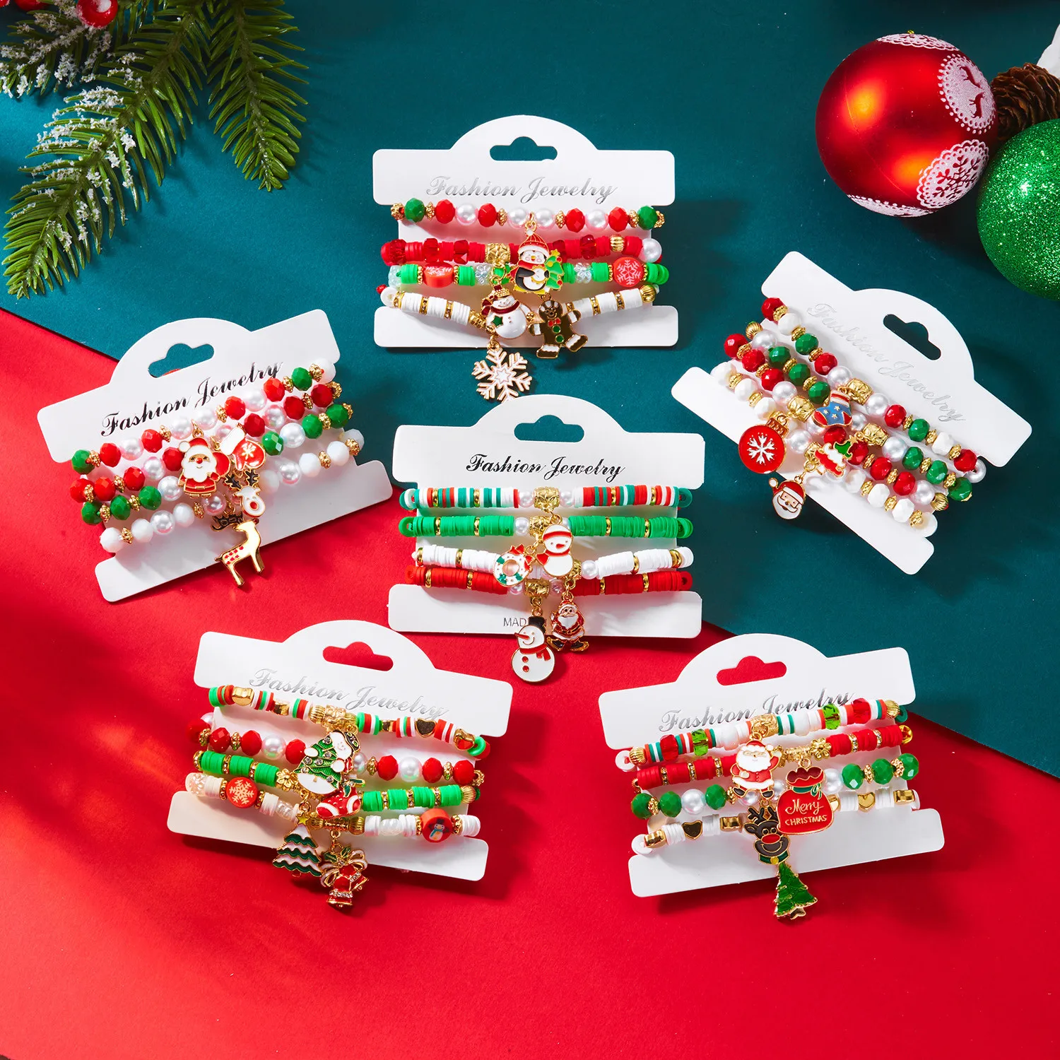 

4Pcs/set Christmas Series Bracelet For Women Colorful Crystal Beads Santa Claus Xmas Tree Snowflake Elk Beaded Bracelet Jewelry