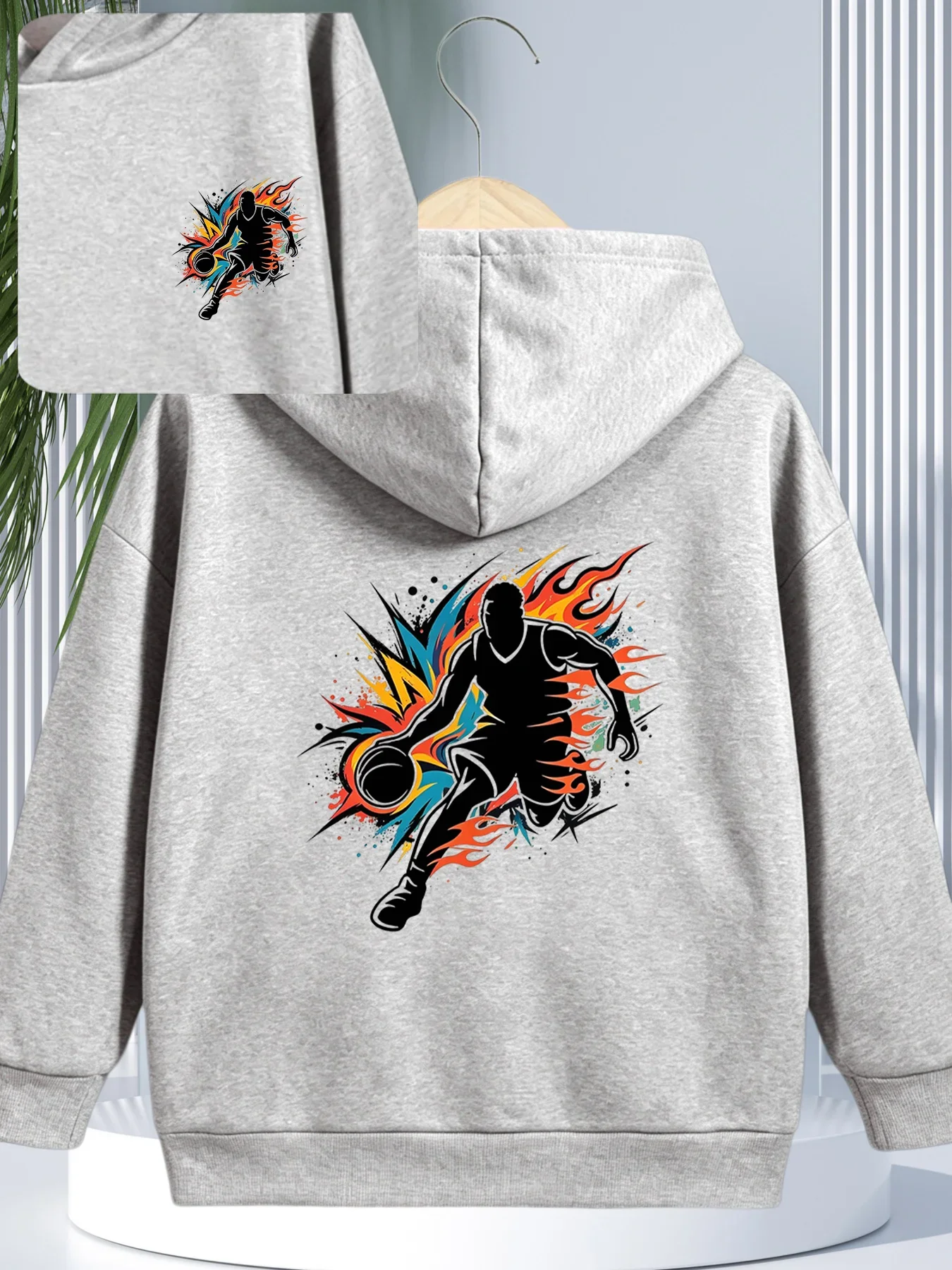Kids Boys Basketball Player Graphic Hoodie Grey Printed Flame Sweatshirt School Clothes Birthday Present Autumn Winter Tops