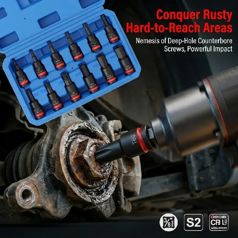 3/8 Inch Drive Impact Bit Socket Set S2 Alloy Steel Hex & Torx Sockets H3-H14 T10-T60 CR-V Black Phosphate Pinhole Case Metric