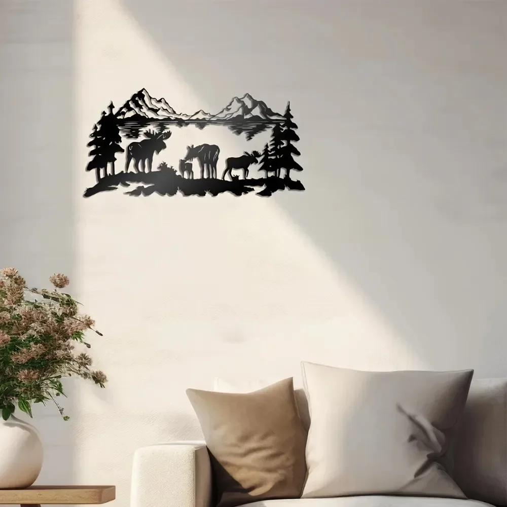 Lake Silhouette Moose Family Iron Wall Art Rustic Metal Decor Wall Hanging for Cabin Patio Lodge Unique Gift for Hunting Lovers