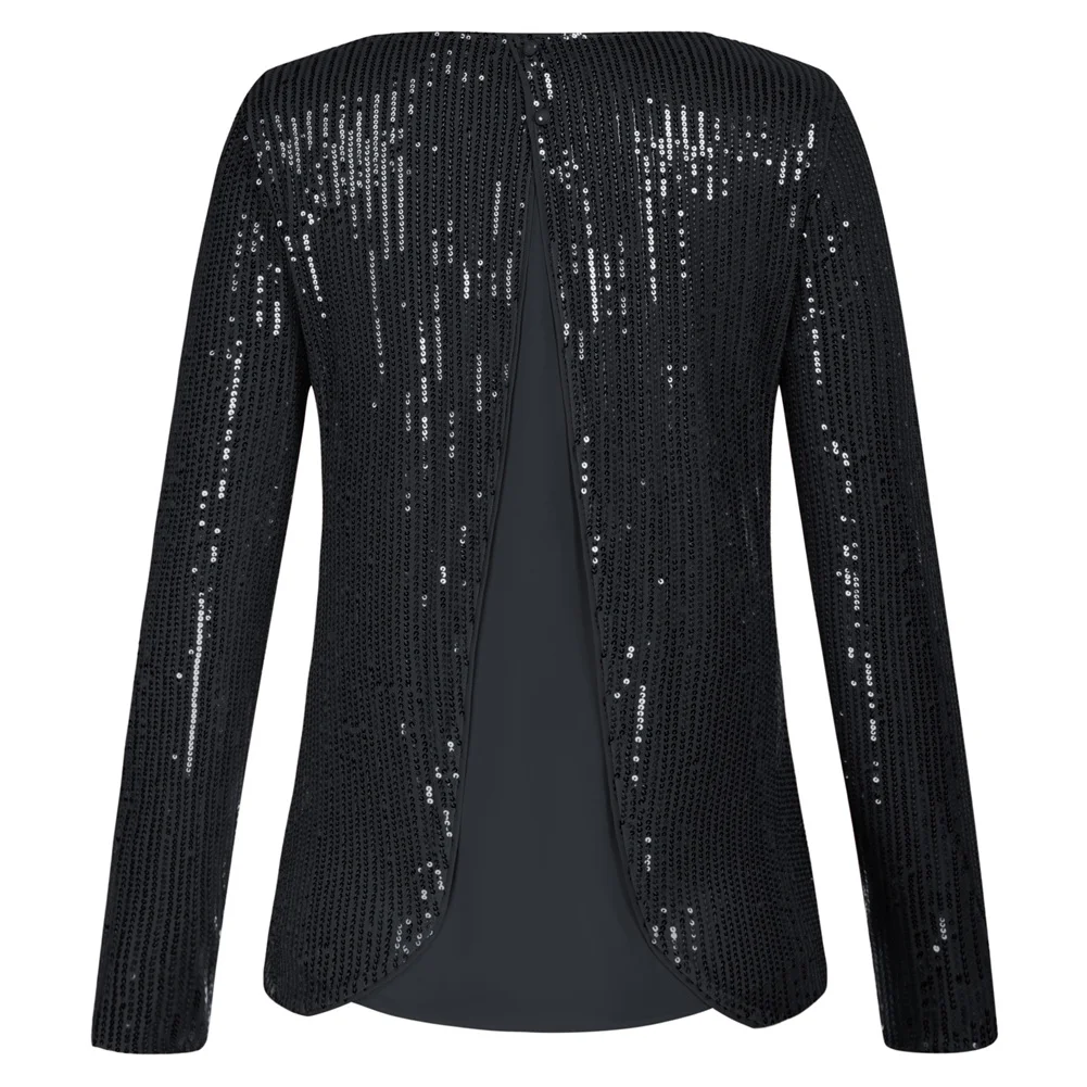 

GK Women Sparkling Sequined Party Tops Long Sleeve Crew Neck Chiffon Patchwork Back Stylish Cocktail Evening Tees Female Clothes