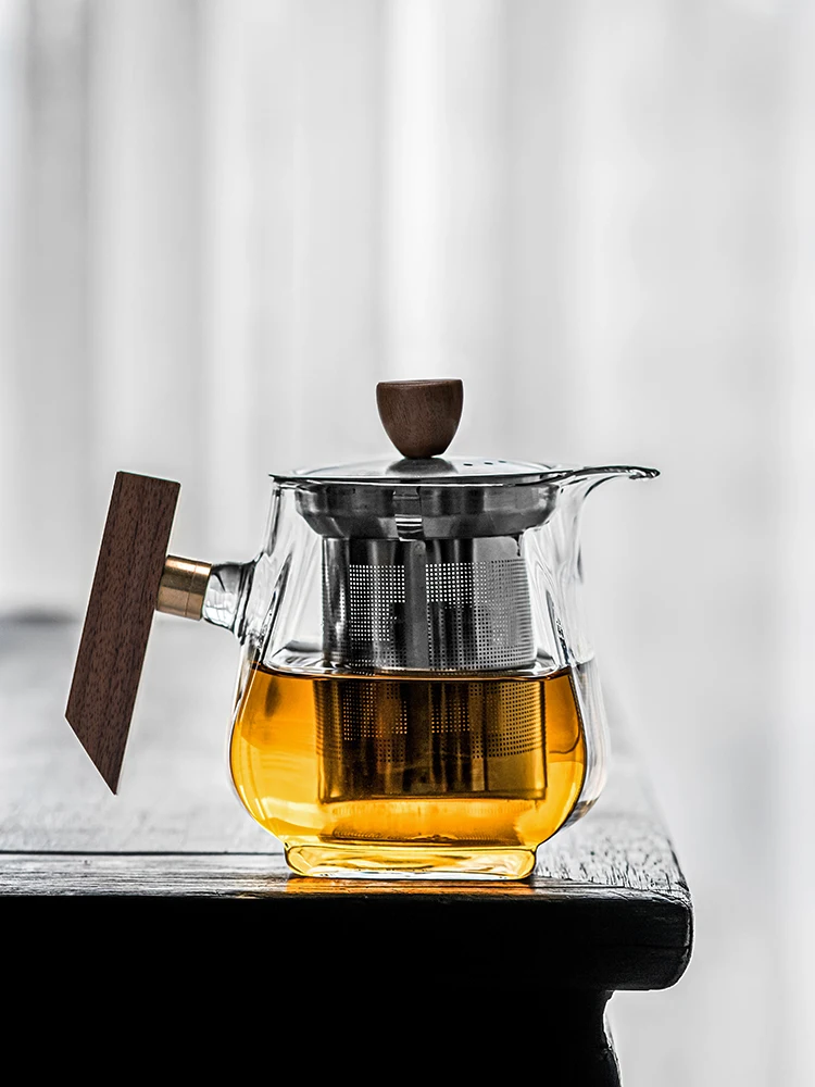 

High Temperature Resistant Glass Tea Pot with Stainless Steel Side Handle for Brewing Tea Home Use Single Pot Tea Set