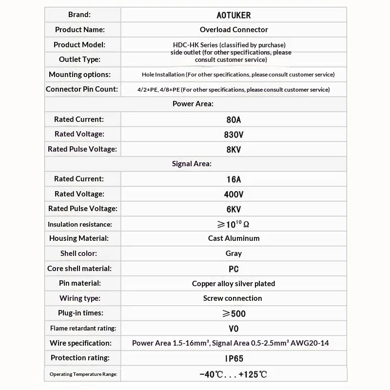 Heavy-Duty Connector HDC-HK-004/8-012 High-Current 80A 6-Pin / 12-Pin Combination Plug Aviation Plug and Socket