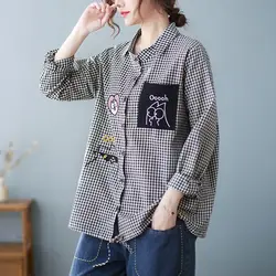 Women's Spring and Autumn New Style Checkered Shirt Loose and Slimming Artistic Retro Long Sleeved Lapel Versatile Casual Top