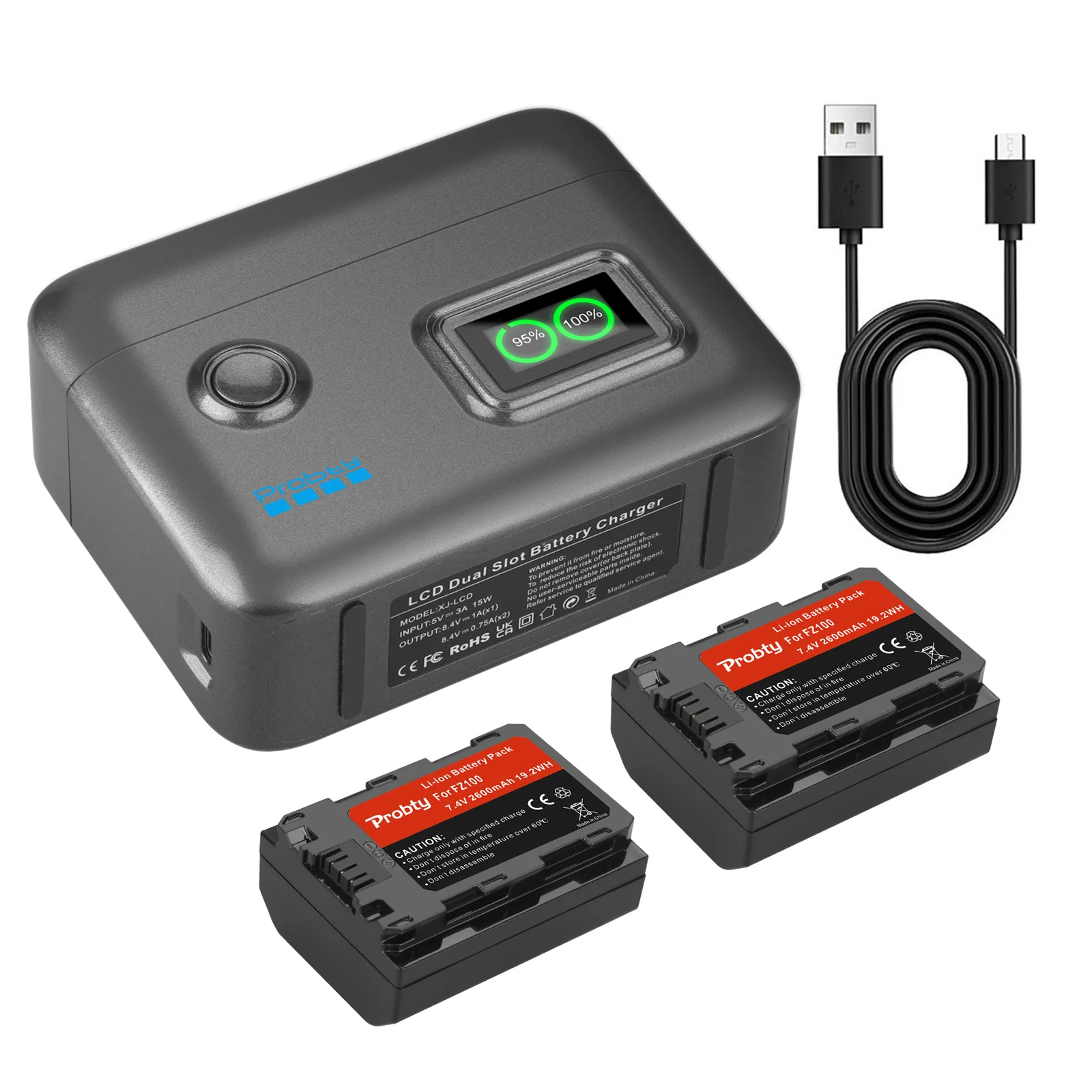NP-FZ100 2600mAh Battery + Fast Dual LCD Charger for Sony A7R V A7S III A7 IV ZV-E1, FX3, FX30, A1, A9,A9 II, A6600, A7C