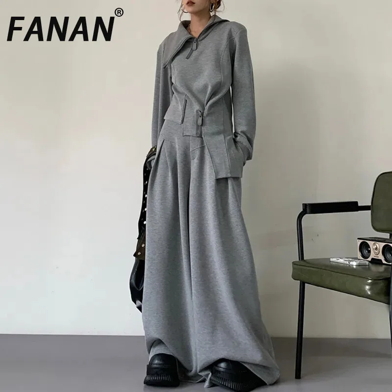 

FANAN Solid Two Piece Women's High Collar Long Sleeve Splicing Zipper Top Waist Wide Leg Pants Set Fashion 2025 New Autumn