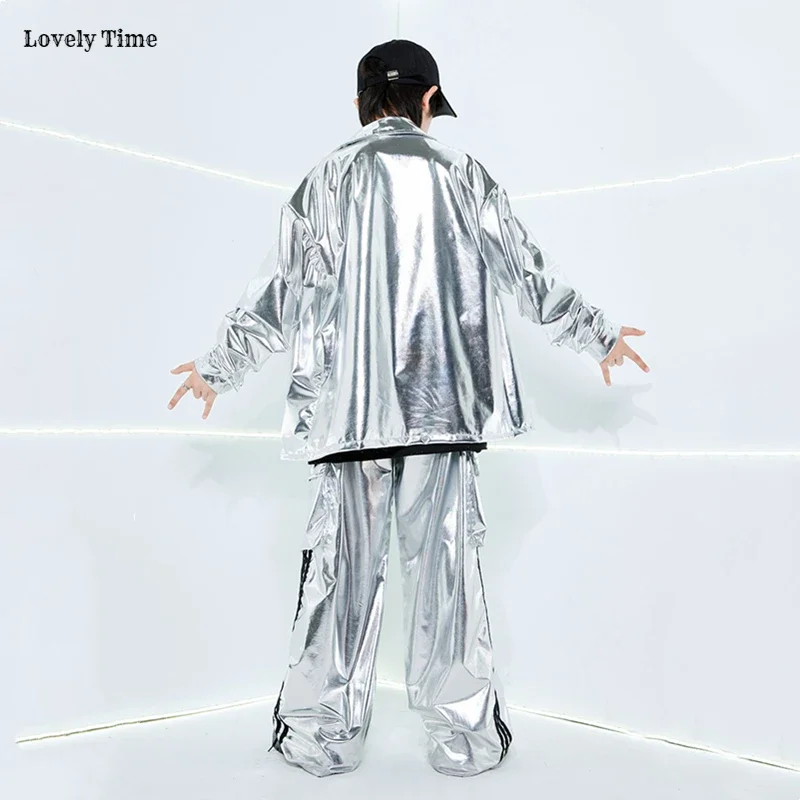 Boys Hip Hop Silver Jacket Street Dance K-pop Cargo Pants Girl PU Leather Clothes Sets Kids Children Teens Jazz Shiny Streetwear