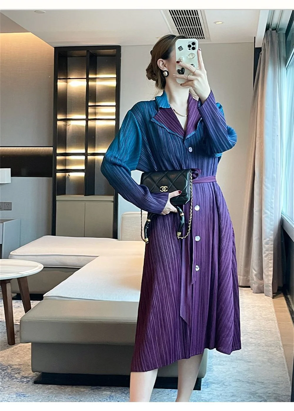 2024 Spring and autumn new French gradient print Miyake fold suit collar trench coat temperament elegant long coat dress