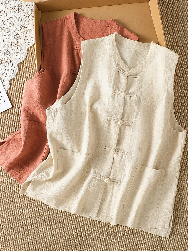 National Style Button-Up Cotton Linen Jacket Stand Collar Open Cardigan Top Women's Fashion Brand New Design Outerwear Vest