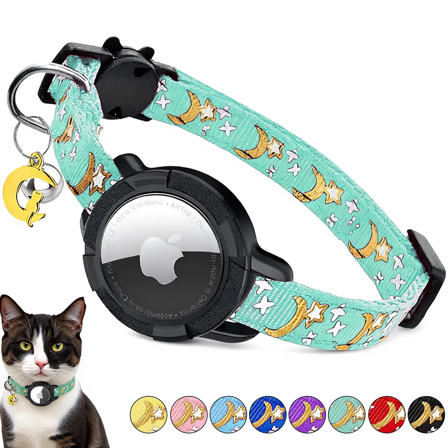 Glow AirTag Katzenhalsband Breakaway mit Glöckchen und Schmuck, Cartoon Star Moon GPS-Tracking-Halsbänder für Hunde, Welpen, Katzen, Kätzchen