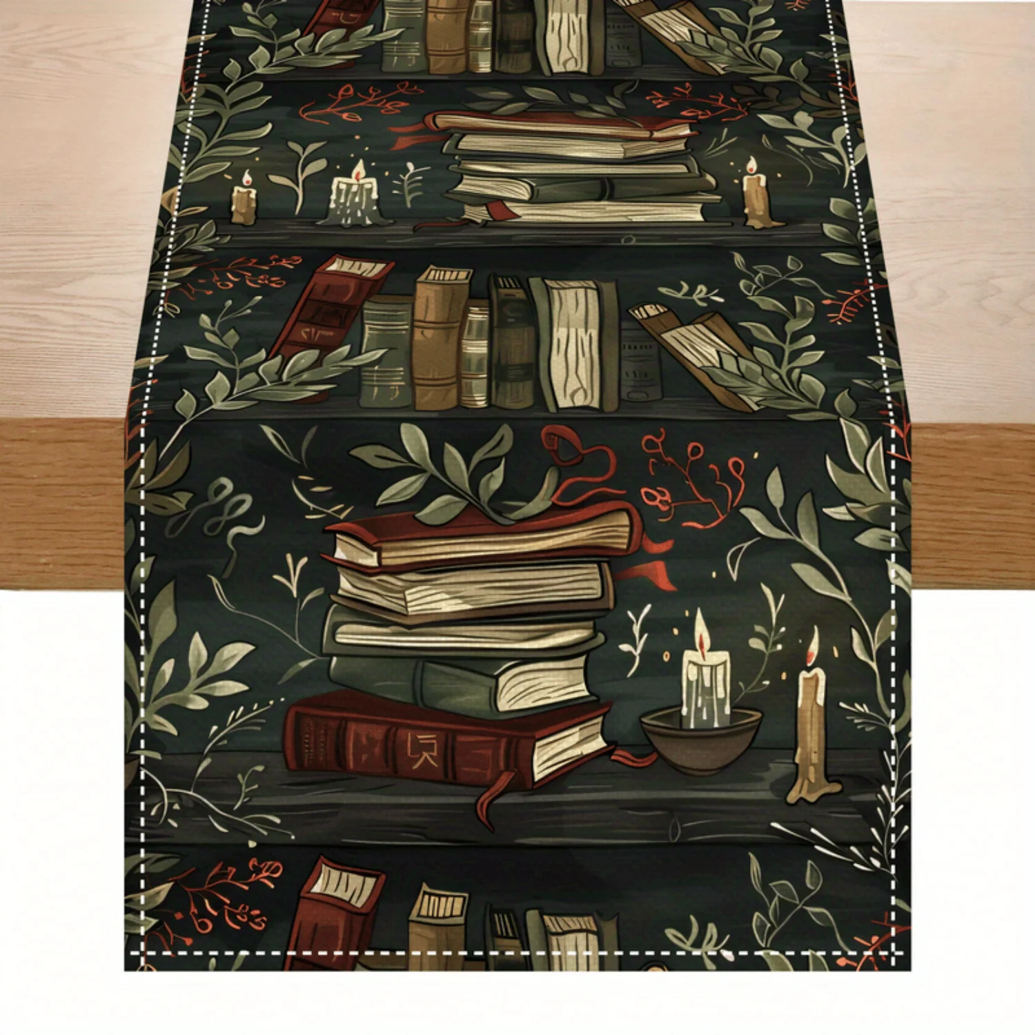 1 Stück hochwertiger Feiertags-Tischläufer aus Polyester – wiederholendes Buch- und Kerzendesign mit Herbstblättern
