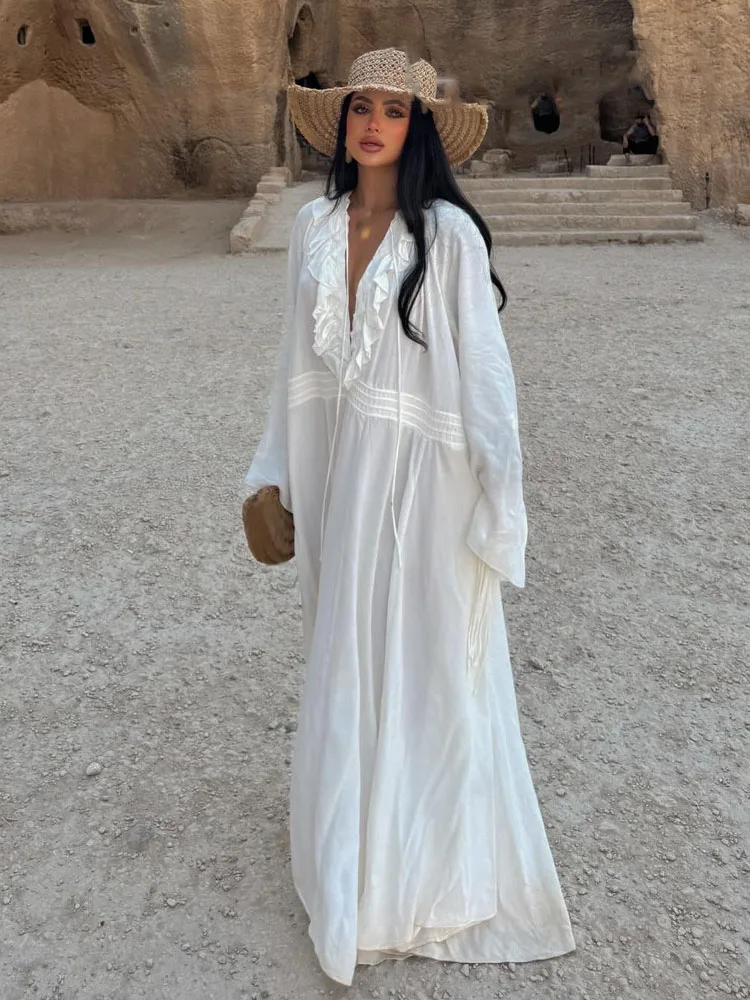 HH Zomer Mode Vrouwen Jurken Witte V-hals Lange Mouwen Volants Rand Lace-Up Decoratie Vrouwelijke Strand Stijl Lange Jurk