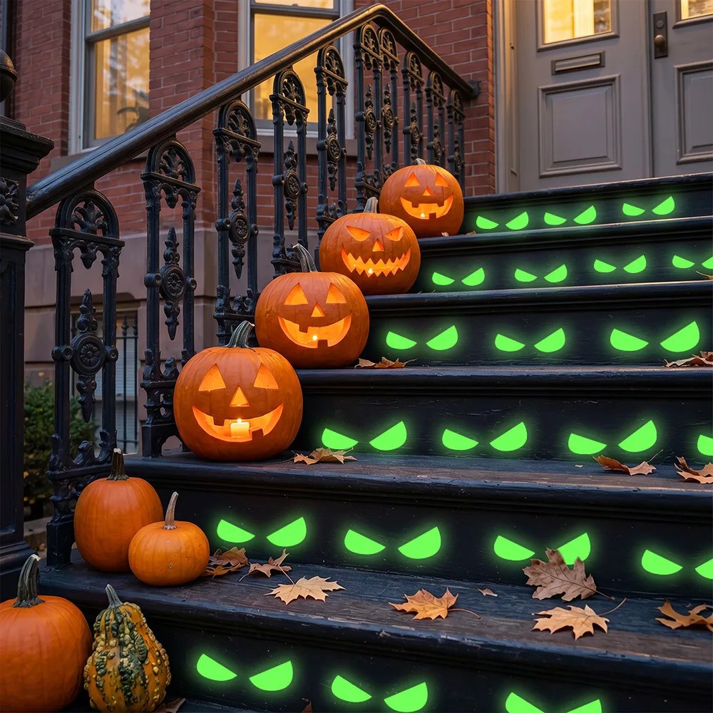 YITAPE Glow in the Dark Halloween Monster Eye Stickers Green Fluorescent Spooky Staring Wall Decal for Stairs Door Party DIY